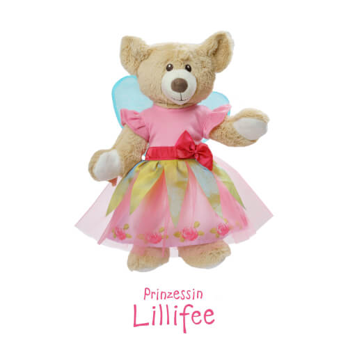 Das Bild zeigt einen Plüschbären mit Flügeln, der ein buntes Kleid und eine Schleife trägt. Unter dem Bären steht der Schriftzug „Prinzessin Lillifee“.