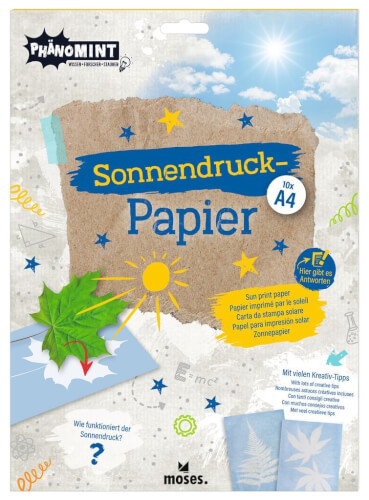 Das Bild zeigt eine Packung Sonnendruck-Papier im A4-Format von der Marke "PhänoMINT". Auf der Verpackung sind bunte Illustrationen von Sonne, Blättern und kreativen Druckbeispielen abgebildet.