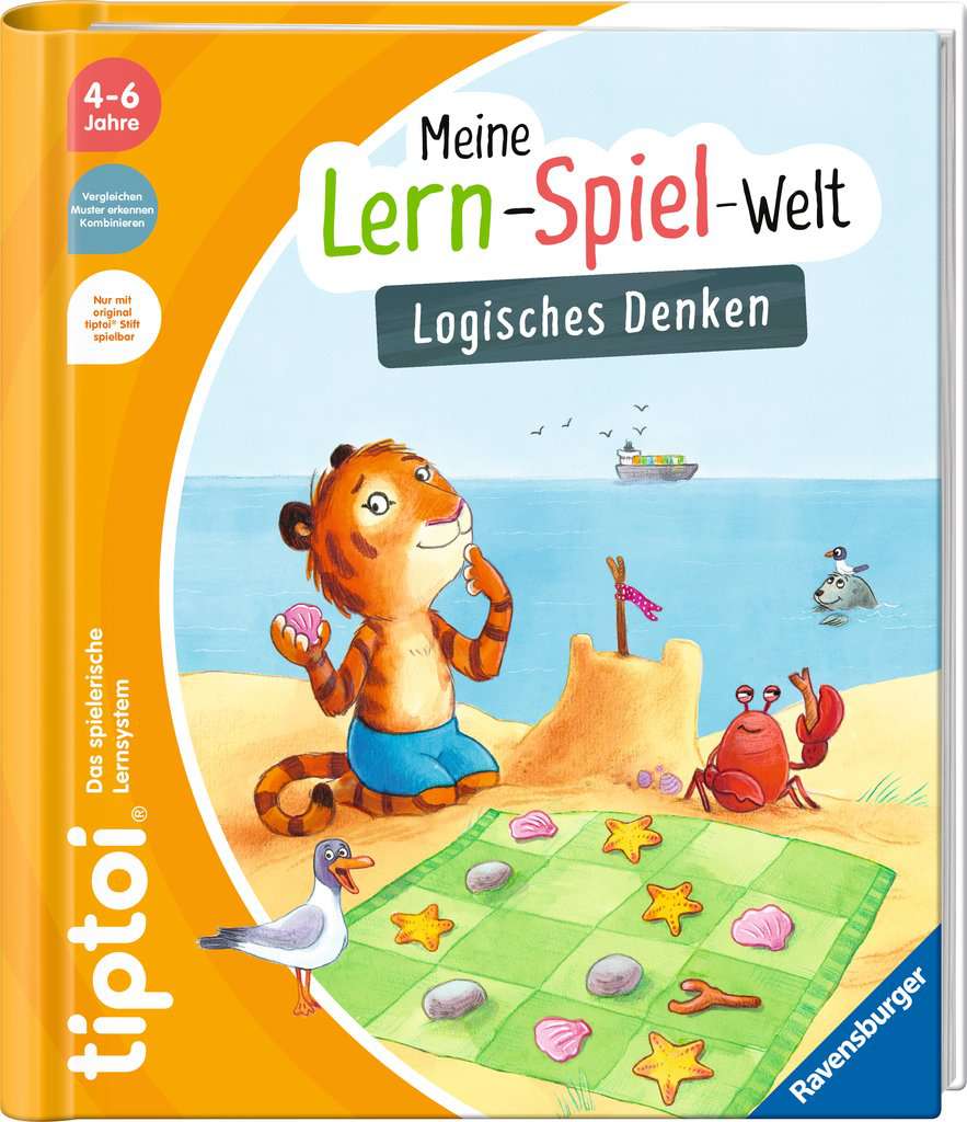 Auf dem Bild ist das Produkt "Tiptoi® Meine Lern-Spiel-Welt Logisches Denken" zu sehen. Ein Tiger sitzt am Strand vor einem Sandburg und spielt mit Muscheln, während andere Tiere um ihn herum sind.