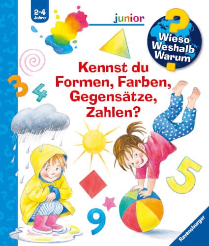 Auf dem Bild sind zwei Kinder zu sehen, eines spielt mit einem bunten Ball und das andere steht im Regen. Um sie herum sind verschiedene Zahlen, Formen und Farben abgebildet.