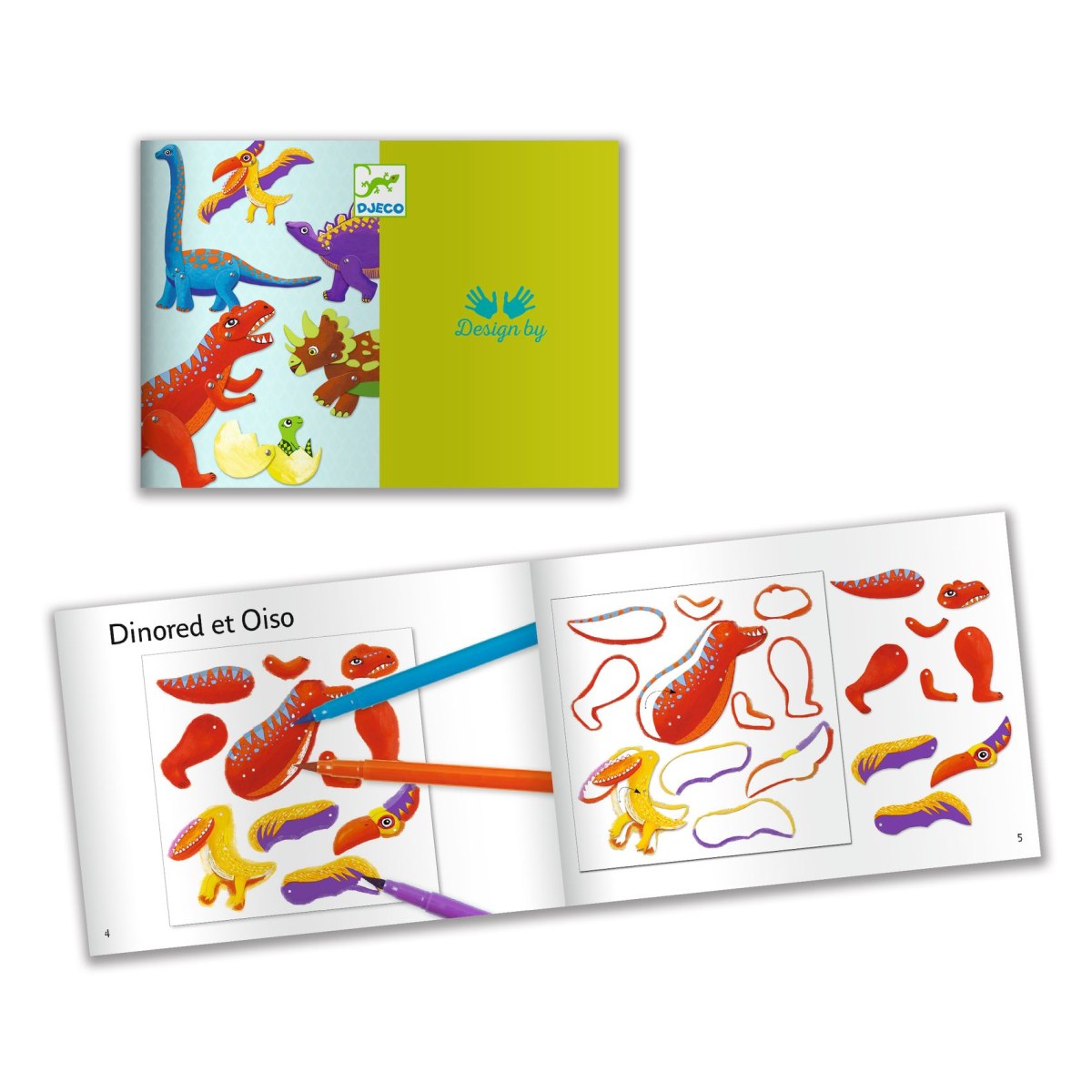 Das Bild zeigt das Produkt "Kleine Geschenke: Dinos-Hampelmänner" mit bunten Dinosaurierfiguren auf dem Cover. Im Inneren sind Bastelbögen und Ausmalvorlagen für die Dinosaurierteile zu sehen.