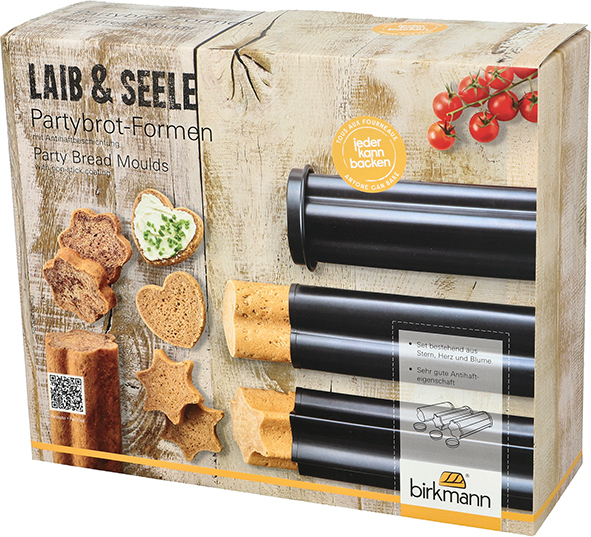 Zu sehen sind drei Partybrot-Backröhren als Set. Mit den Formen lassen sich kleine Partybrote backen.