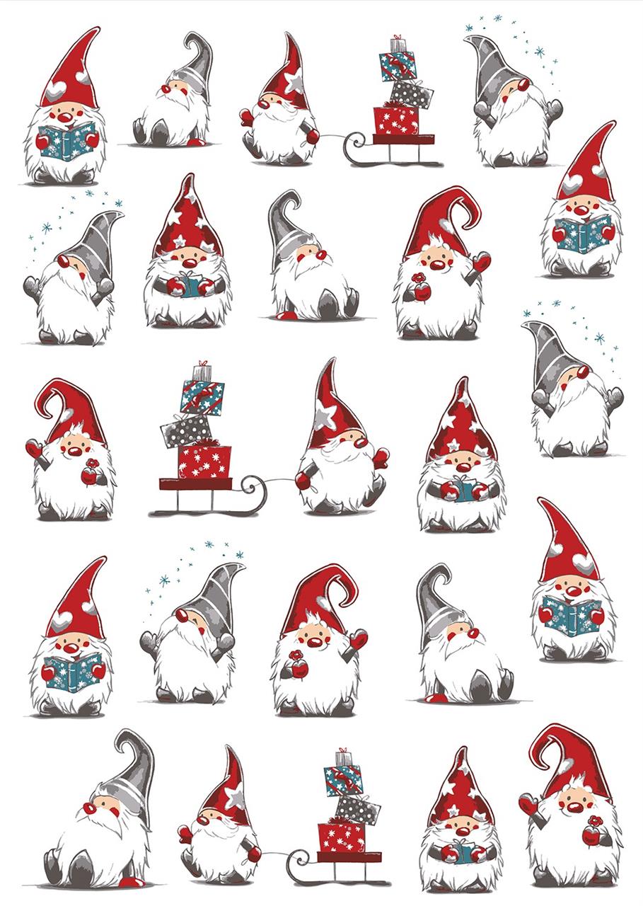 Das Bild zeigt ein Geschirrtuch mit vielen kleinen Wichtelmotiven in Weihnachtsstimmung. Die Wichtel tragen rote oder graue Mützen und halten Geschenke oder sitzen fröhlich beisammen.