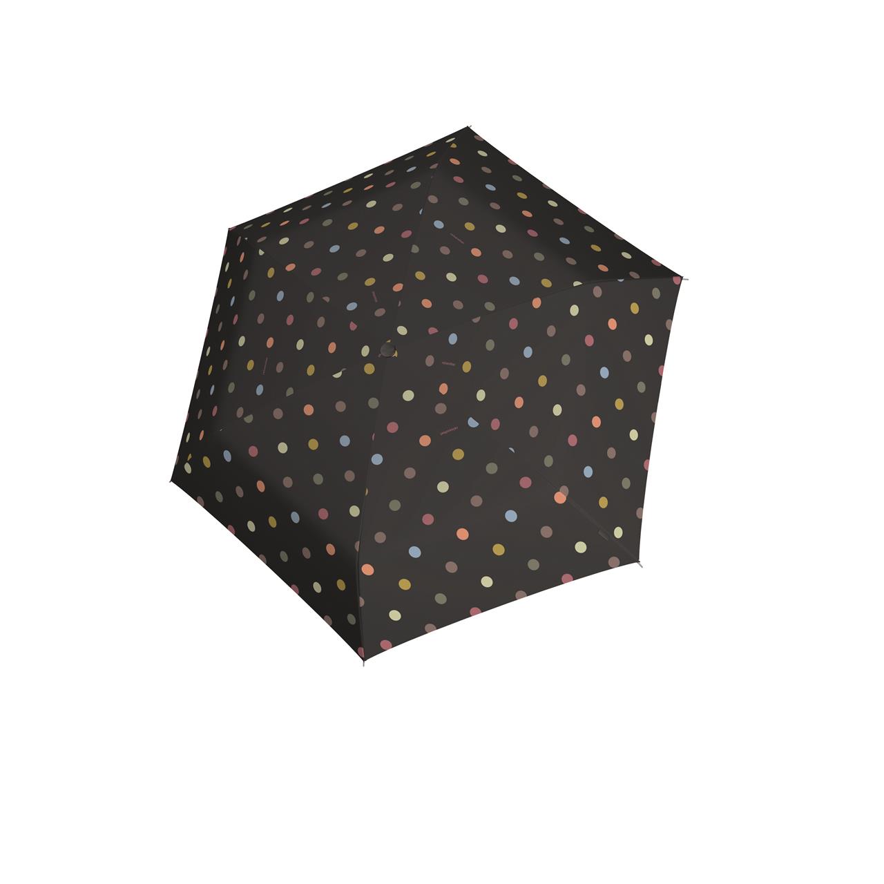 Der abgebildete Regenschirm ist schwarz und mit bunten Punkten verziert. Es handelt sich um einen kompakten, zusammenklappbaren Taschenregenschirm.