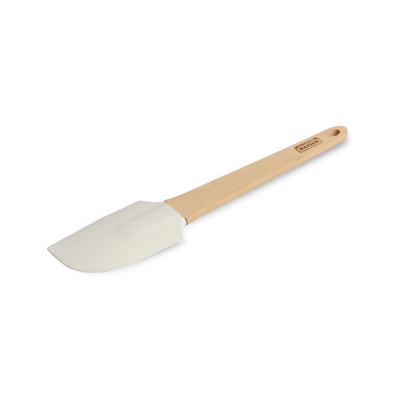 Das Bild zeigt einen Teigschaber mit einem Holzgriff und einer Silikonspitze. Der Teigschaber ist 25 cm lang.