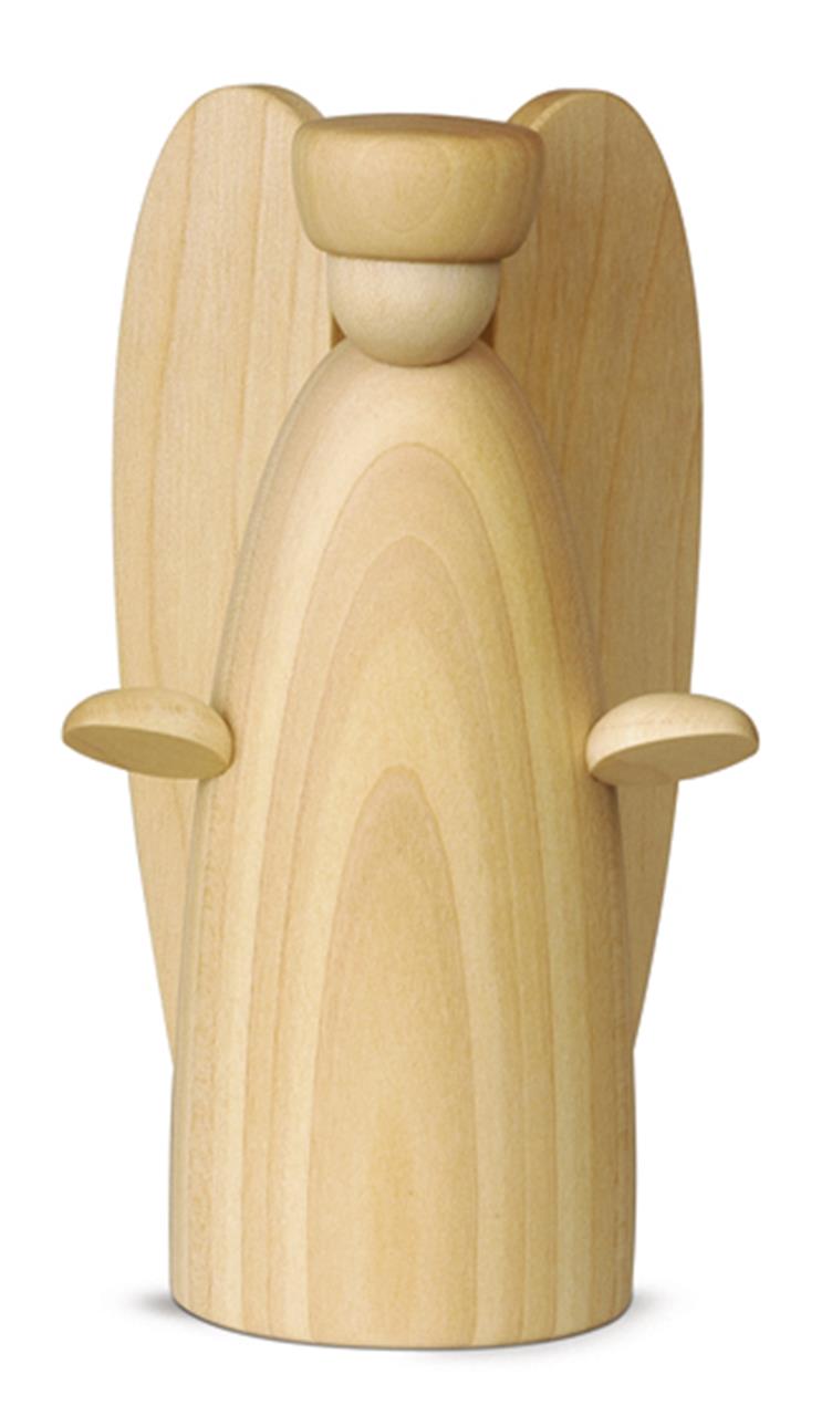 Auf dem Bild ist ein naturfarbener Verkündigungsengel aus Holz zu sehen. Die Figur hat einfache, abgerundete Formen und keine Gesichtszüge.
