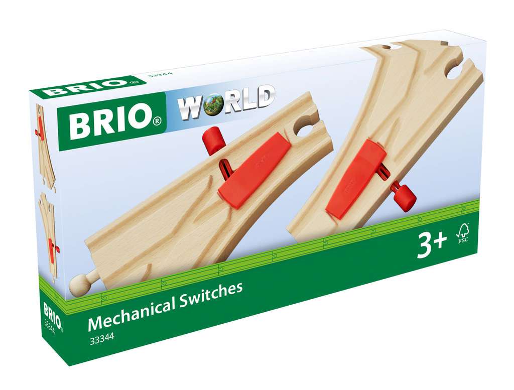 Die Abbildung zeigt die Verpackung des Produkts "BRIO® Mechanisches Weichenpaar (L1/M1) 33344". Auf der Vorderseite sind zwei hölzerne Weichen mit roten Hebeln abgebildet.