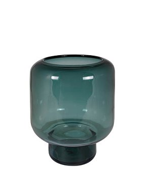 Das Bild zeigt das Windlicht "Opino" in der Farbe Petrol mit den Maßen 23x29 cm. Es besteht aus Glas und hat eine moderne, runde Form.