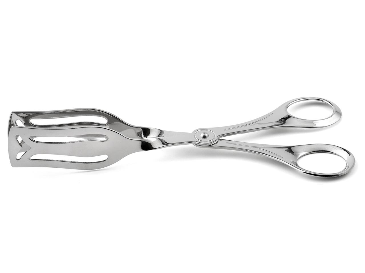Das Bild zeigt eine silberne Gebäckzange aus Metall. Sie wird verwendet, um Gebäck oder kleine Speisen einfach zu greifen und zu servieren.