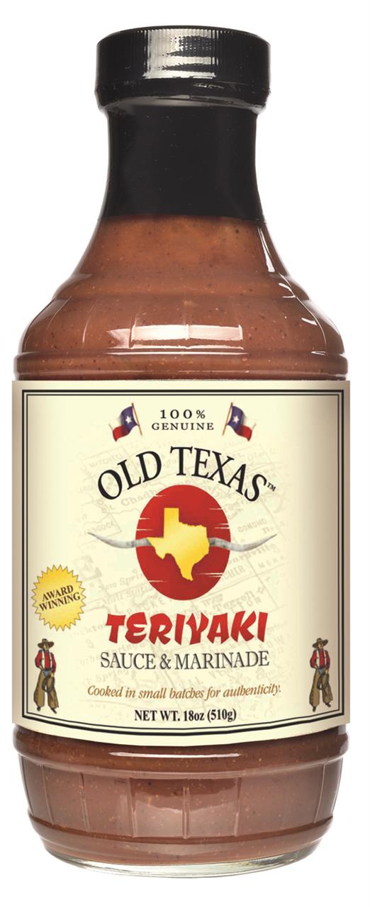 Auf dem Bild ist eine Flasche "Old Texas Teriyaki Sauce & Marinade" mit 455 ml Inhalt zu sehen. Das Etikett betont, dass die Sauce in kleinen Chargen für Authentizität hergestellt wird.