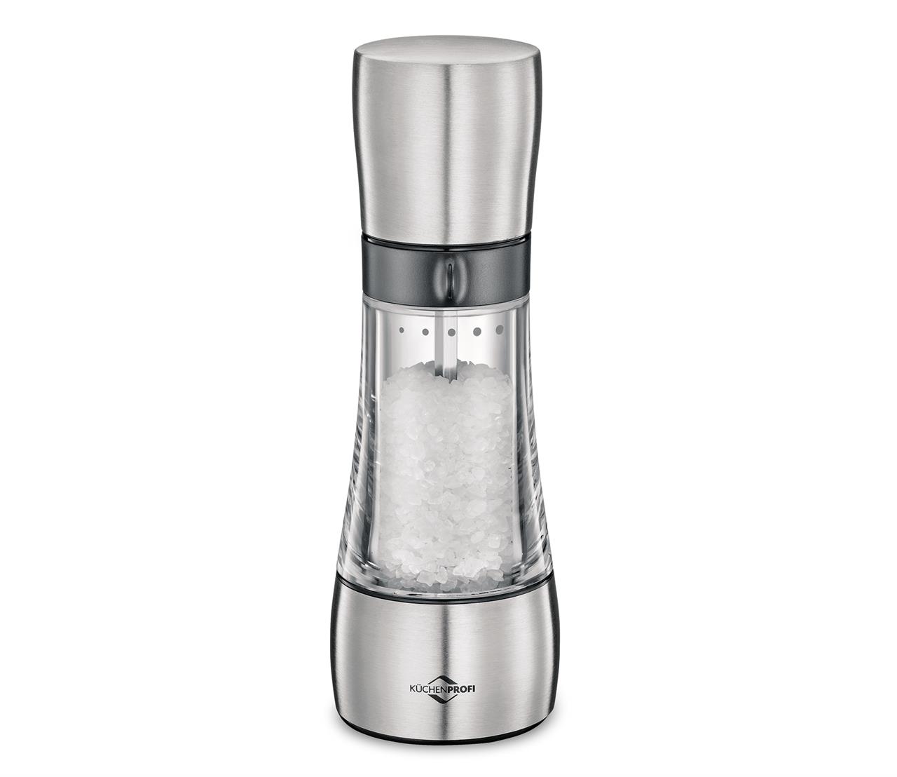 Die Abbildung zeigt die Salzmühle ORLANDO mit einem modernen Design aus Edelstahl und Glas. Im Inneren sind grobe Salzkristalle sichtbar.