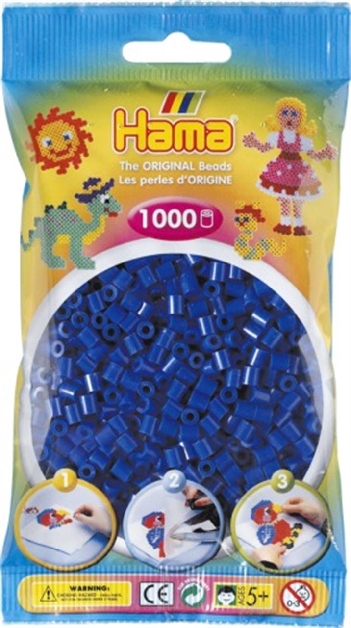 Auf dem Bild ist eine Packung Hama-Bügelperlen in blau zu sehen. In der Packung sind 1000 Stück enthalten.