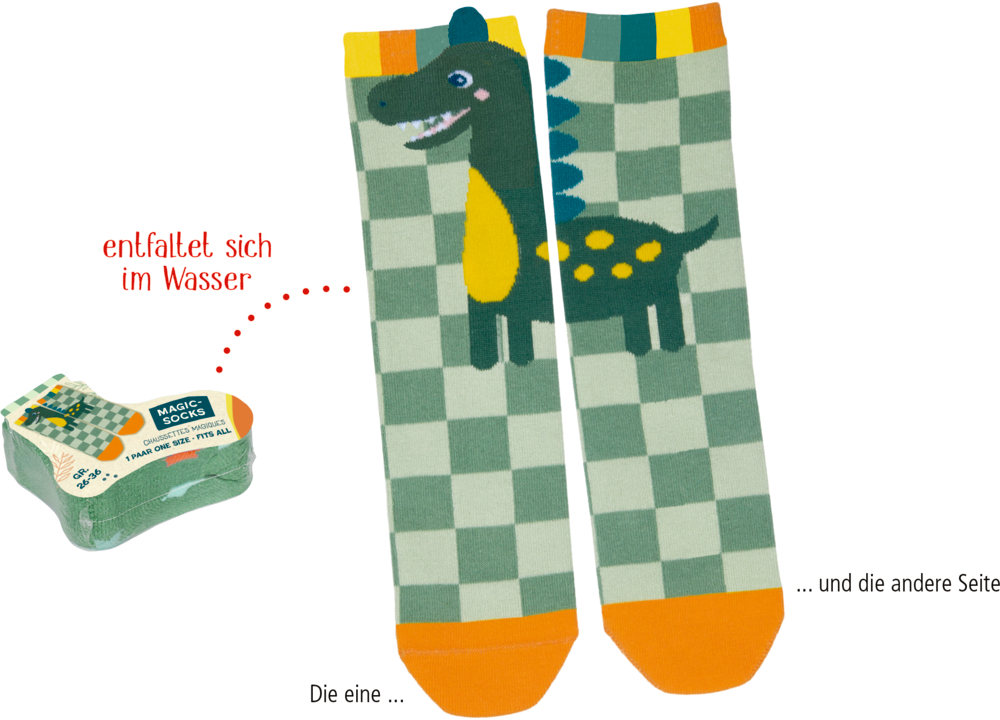 Auf diesem Bild sieht man die Dino Friends - Magic Socks Gr. 26-36. Die Socken haben ein farbenfrohes Design mit Dinosauriermotiven.