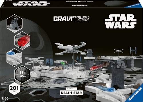 Dies ist ein GraviTrax STAR WARS Action-Set mit dem Thema Death Star. Die Verpackung zeigt das Set mit 201 Teilen und Raumschiffen aus dem Star Wars Universum.