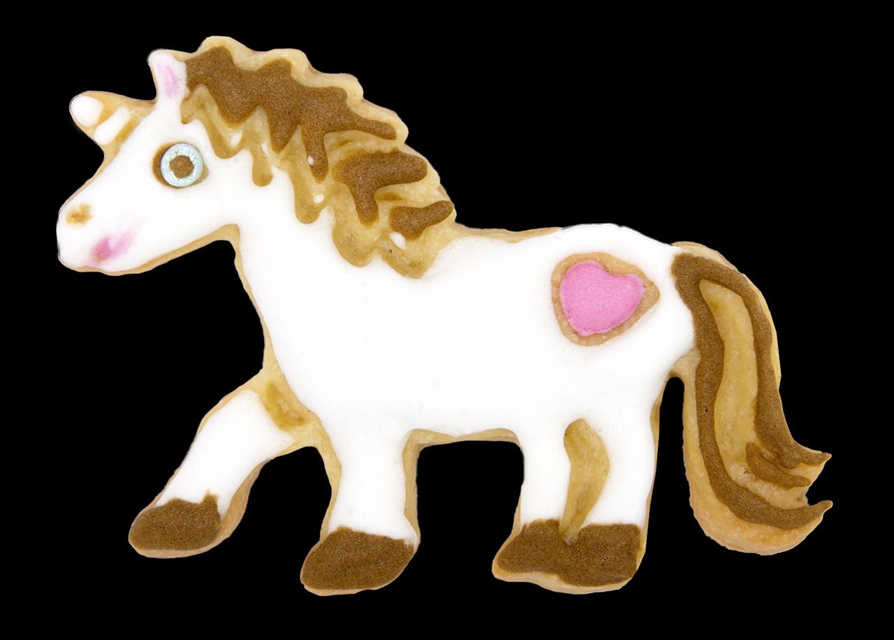Das Bild zeigt einen Keks in Einhornform, der bunt verziert ist. Der Keks wurde mit einem Ausstecher „Einhorn 5 cm Kunststoff“ gemacht.