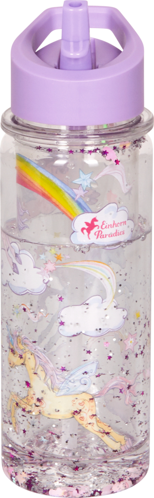 Die Glitzer-Trinkflasche aus der Einhorn-Paradies-Kollektion ist auf dem Bild zu sehen. Die Trinkflasche fasst etwa 0,3 Liter und ist mit Einhorn-Motiven verziert.