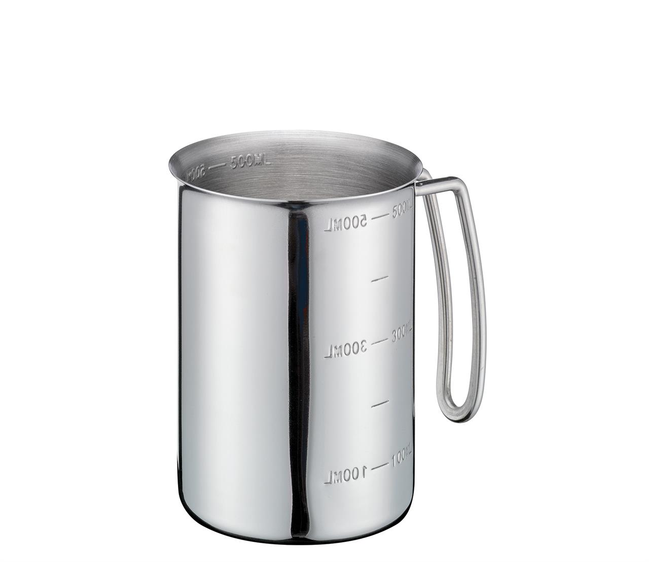 Der Messbecher aus Edelstahl hat ein Fassungsvermögen von 500 ml. Er besitzt eine seitliche Skala und einen praktischen Griff.