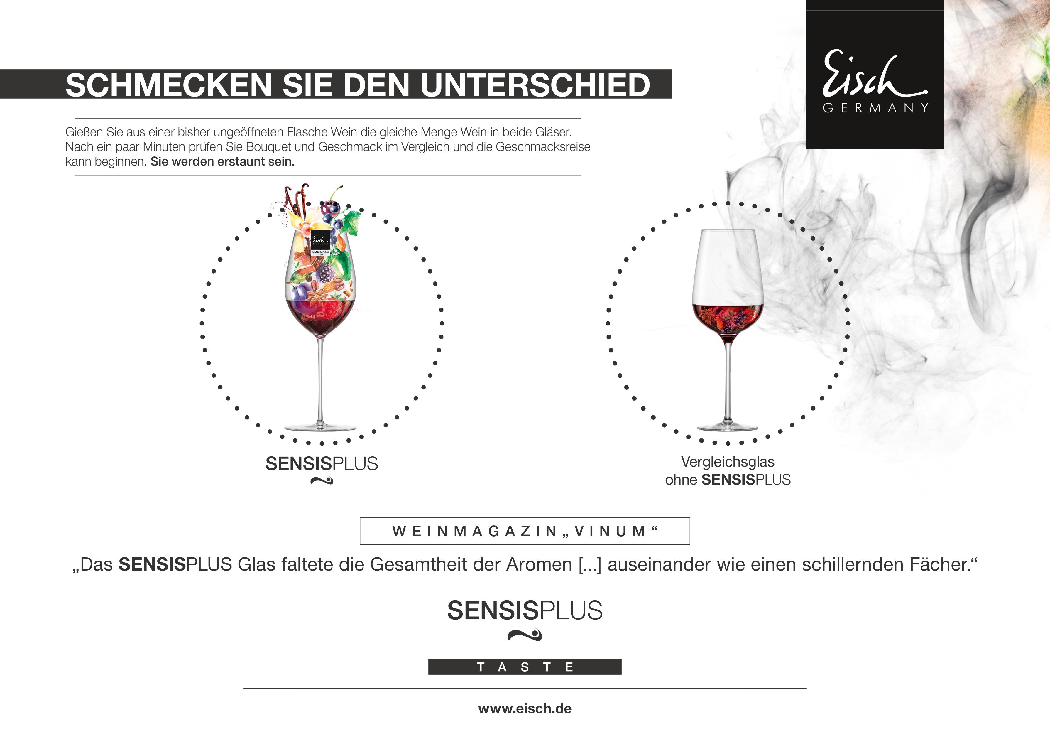 Auf dem Bild sieht man zwei Weingläser, eines mit dem Label SENSISPLUS, das sehr bunt und aromatisch dargestellt ist, und ein anderes normales Glas, das farblos wirkt. Darüber steht der Slogan "SCHMECKEN SIE DEN UNTERSCHIED", was auf den Unterschied im Ge