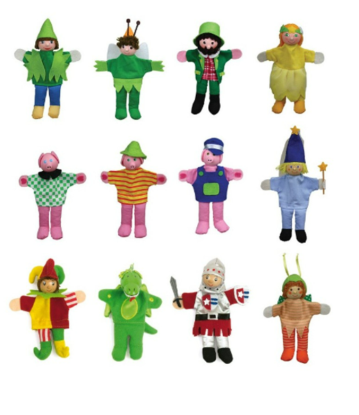 Abgebildet ist das Produkt Fingerpuppen 12-teilig. Das Set besteht aus zwölf verschiedenen Fingerpuppen.