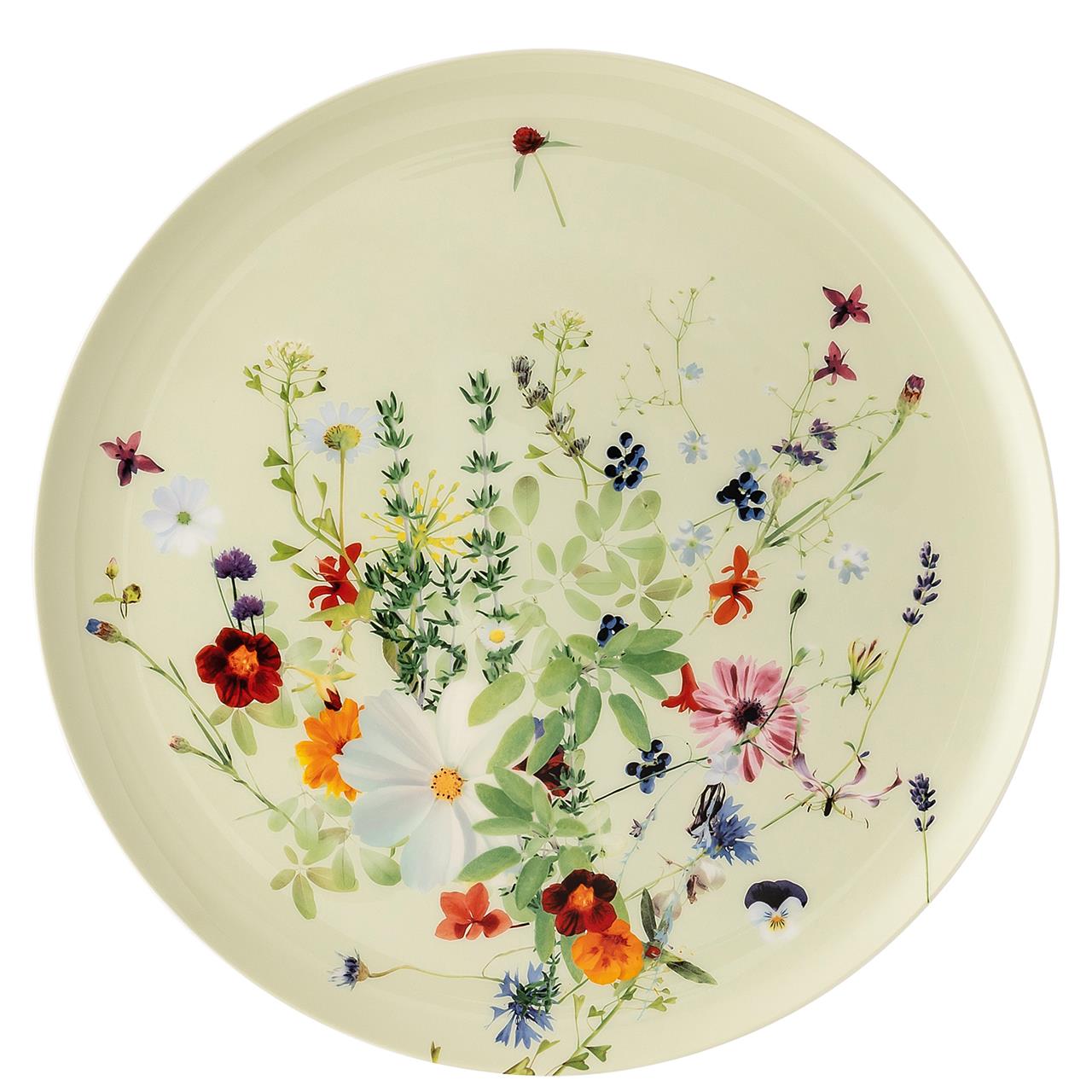 Der Teller hat einen Durchmesser von 32 cm und zeigt ein buntes Blumenmuster. Er wirkt frisch und fröhlich durch die verschiedenen Blumen und Pflanzen auf hellem Hintergrund.