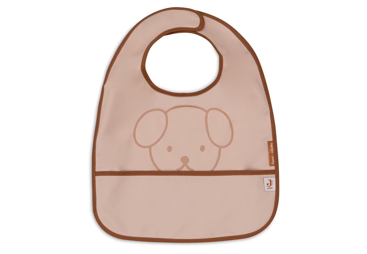 Das Bild zeigt ein rosa wasserdichtes Lätzchen mit braunen Rändern und einem einfachen Tiergesicht darauf. Es hat eine kleine Tasche unten und wird mit einem Klettverschluss am Hals geschlossen.