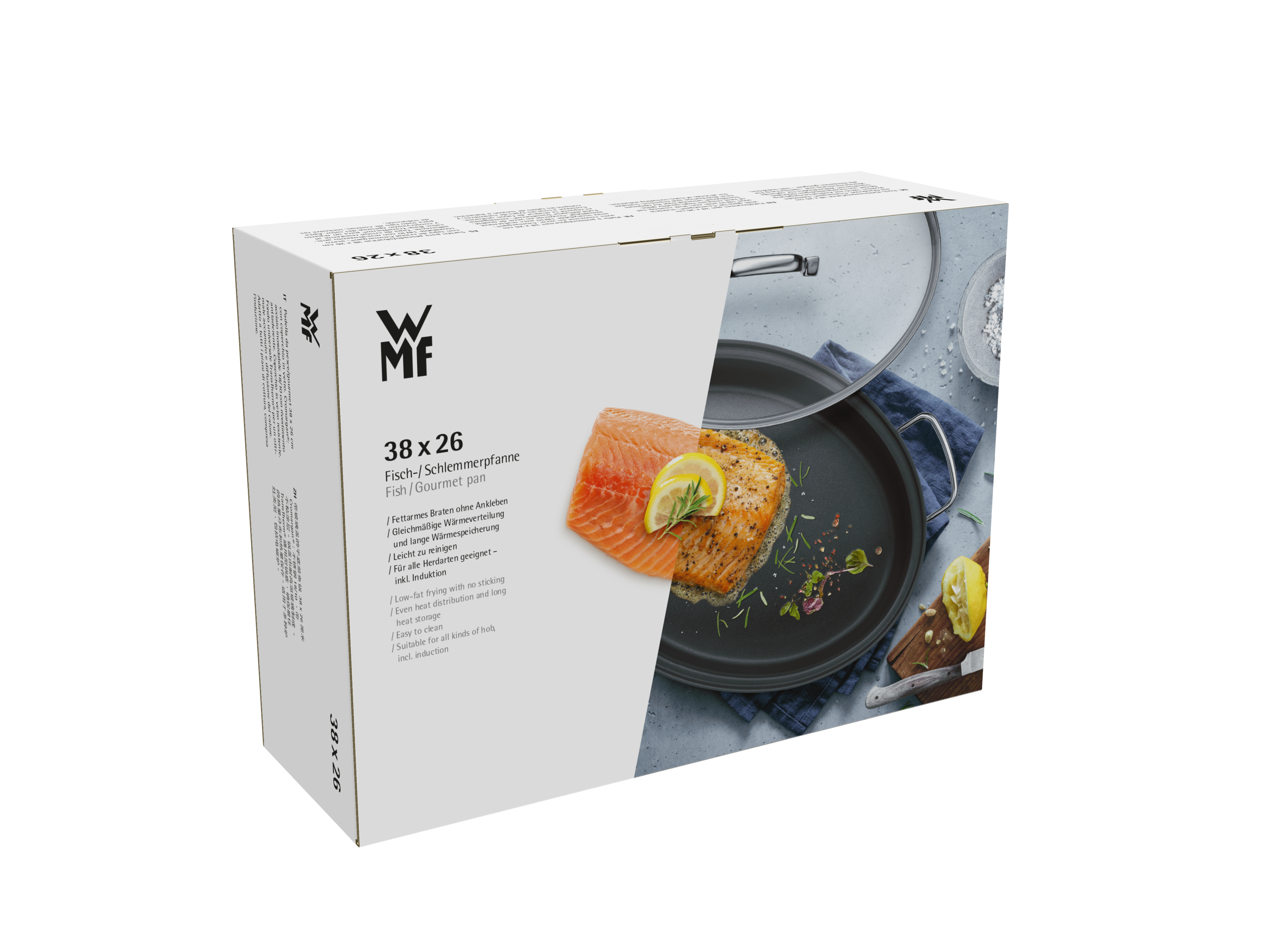 Auf dem Bild ist eine Verpackung für eine WMF Fisch-/Schlemmerpfanne in der Größe 38 x 26 cm zu sehen. Auf der Verpackung ist ein gebratenes Lachsfilet mit Zitronenscheiben und Kräutern abgebildet.