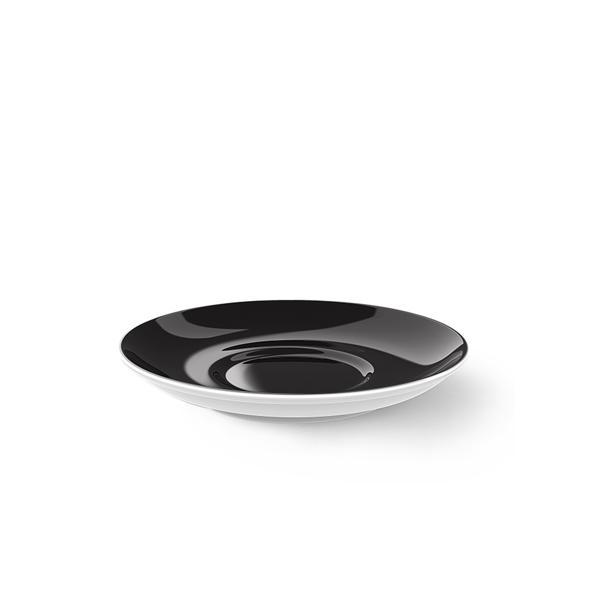Die Abbildung zeigt eine schwarze Untertasse mit einem Durchmesser von 14,5 cm. Es handelt sich um die Solid Color Kaffee Untertasse.