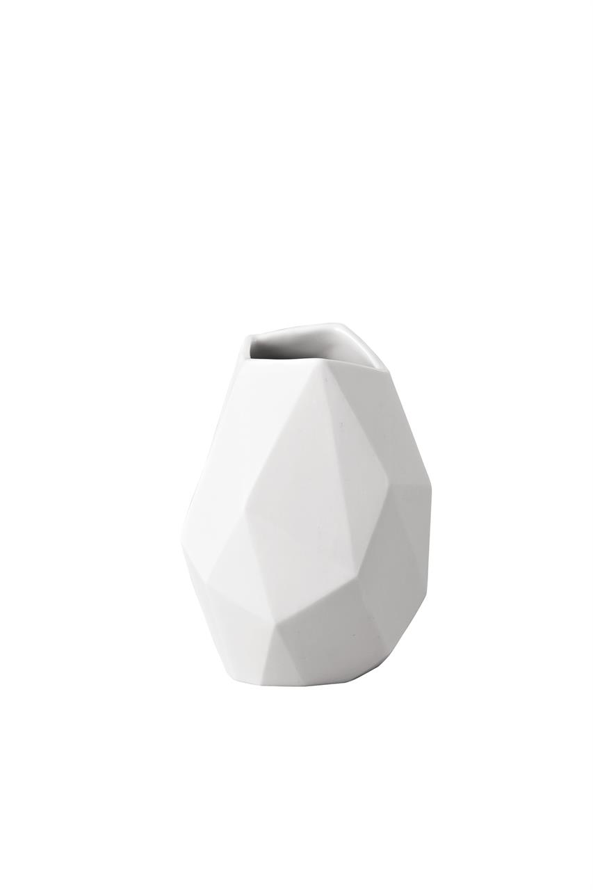 Die Abbildung zeigt eine kleine Vase mit einer Höhe von 9 cm. Sie hat eine geometrische Form und eine weiße, matte Oberfläche.