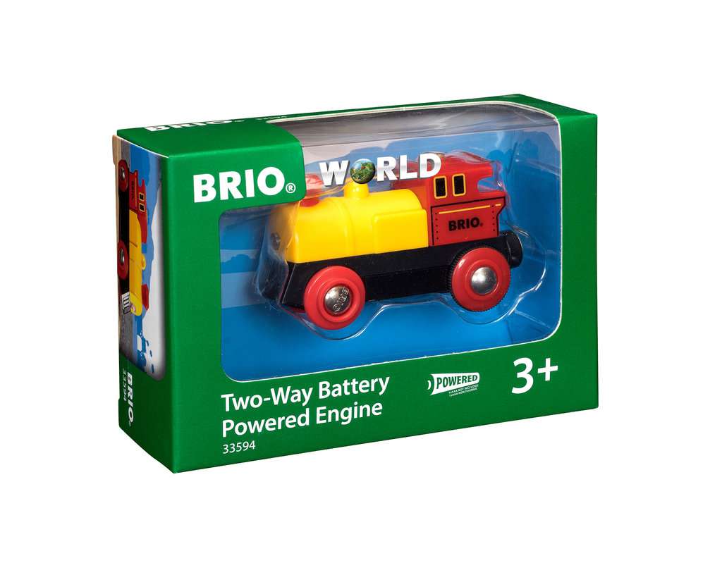 Das Bild zeigt eine BRIO World Gelbe Batterielok 33594 in ihrer Verpackung. Die Lok ist für Kinder ab 3 Jahren geeignet und fährt mit Batteriebetrieb.