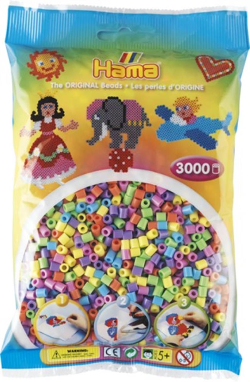Die Abbildung zeigt eine Packung Hama Bügelperlen in Pastellfarben, gemischt, mit 3000 Stück. Auf der Verpackung sind bunte Perlen sowie einige Bastelbeispiele abgebildet.