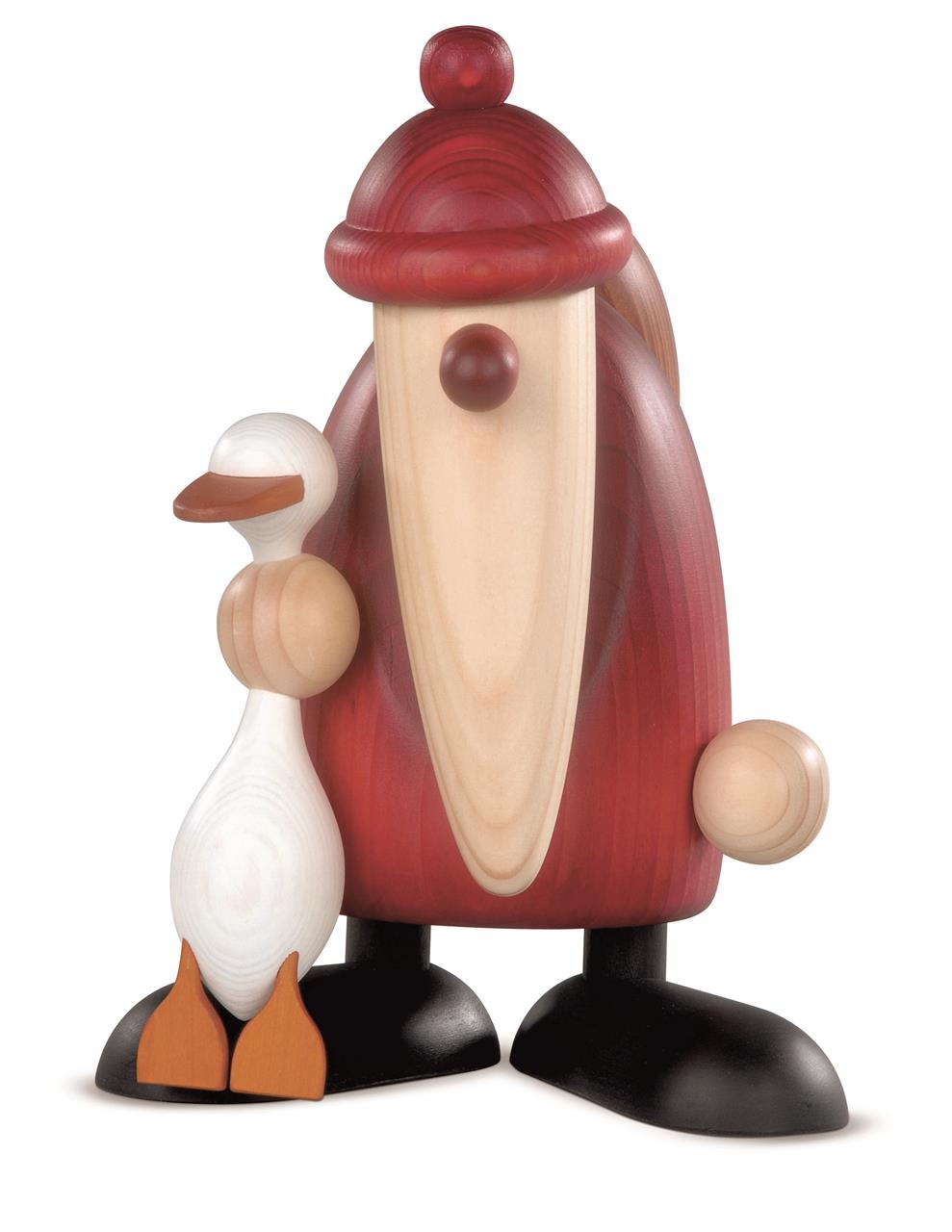 Die Figur zeigt einen Weihnachtsmann mit einer Weihnachtsgans an seiner Seite. Beide sind aus Holz gefertigt und schlicht bemalt.