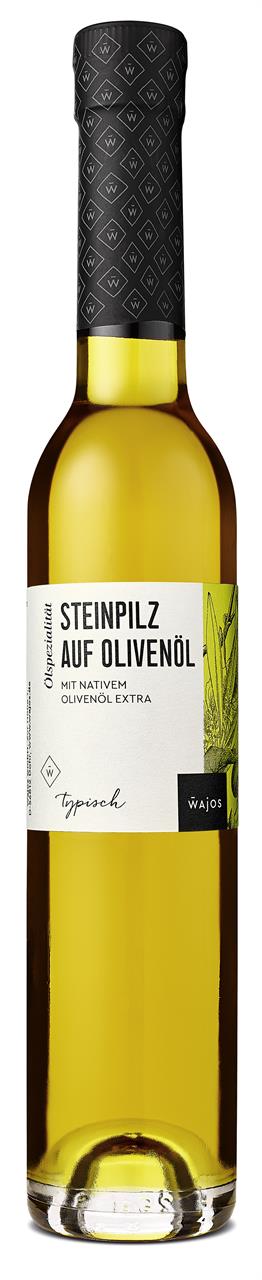 Auf dem Bild ist eine Flasche "Steinpilz auf Olivenöl" mit 250 ml Inhalt zu sehen. Es handelt sich um eine Olivenölzubereitung mit Steinpilzgeschmack.