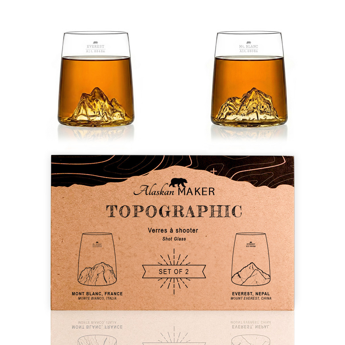 Gezeigt wird ein 2er Set Gläser mit den Motiven Topographic Everest und Mont Blanc. Das Produkt trägt den Namen Gläser 2er Set - Topographic Everest & Mont Blanc.