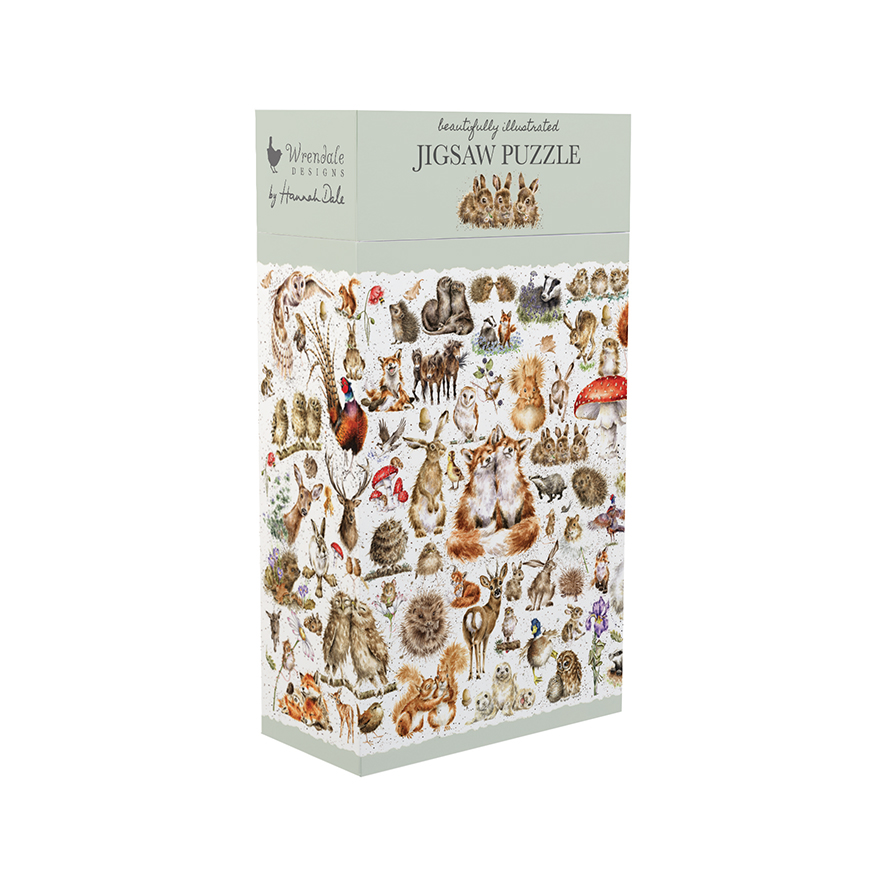 Das Bild zeigt die Verpackung eines Wildtierpuzzles mit dem Namen "Country Set" mit 1000 Teilen. Auf der Verpackung sind viele liebevoll illustrierte Wald- und Wiesen­tiere abgebildet.