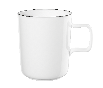 Diese Tasse ist weiß und hat einen schlichten, modernen Look. Am oberen Rand befindet sich eine feine schwarze Linie.