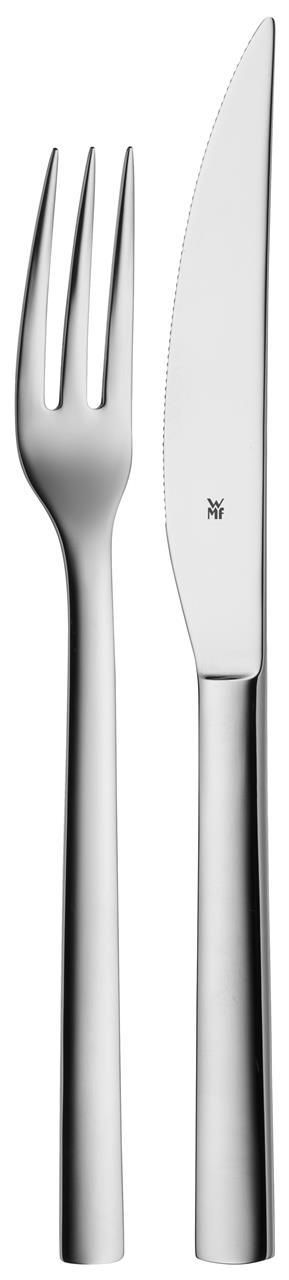 Das Bild zeigt ein Steakbesteck-Set mit einer Gabel und einem Messer aus Edelstahl. Das Design ist modern und schlicht gehalten.