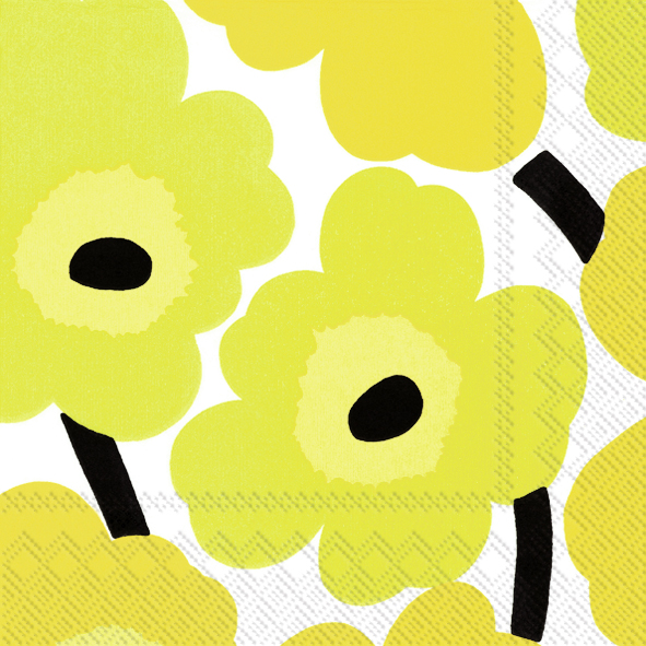 Das Bild zeigt gelbe Blumen mit schwarzen Stielen und Zentren auf weißem Hintergrund. Es handelt sich um das Design der Lunch-Servietten "Unikko Yellow 100 Recycled, Der Blaue Engel".