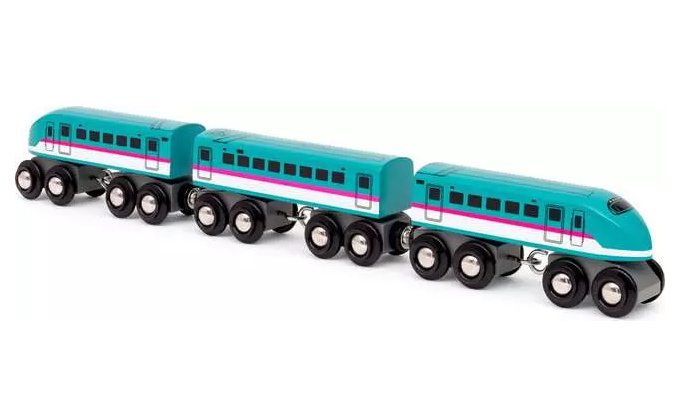 Das Produkt ist der BRIO® Shinkansen Hayabusa. Es stellt einen detailgetreuen Spielzeug-Zug des bekannten japanischen Schnellzugs dar.