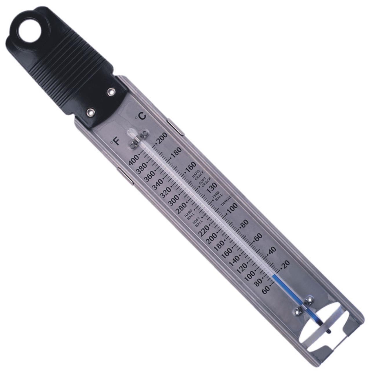 Das Bild zeigt ein Zuckerthermometer mit einer Skala für Fahrenheit und Celsius. Es wird verwendet, um die Temperatur beim Kochen von Zucker zu messen.