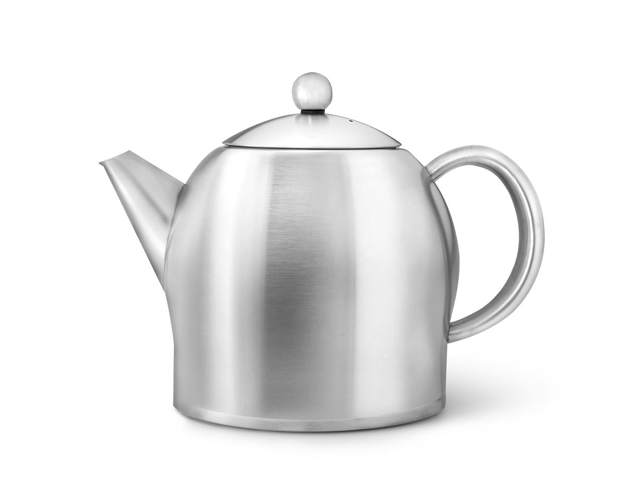 Auf dem Bild ist eine silberne Teekanne mit mattem Finish zu sehen. Es handelt sich um die "Teekanne Minuett Santhee matt" mit einem Fassungsvermögen von 1,4 Litern.