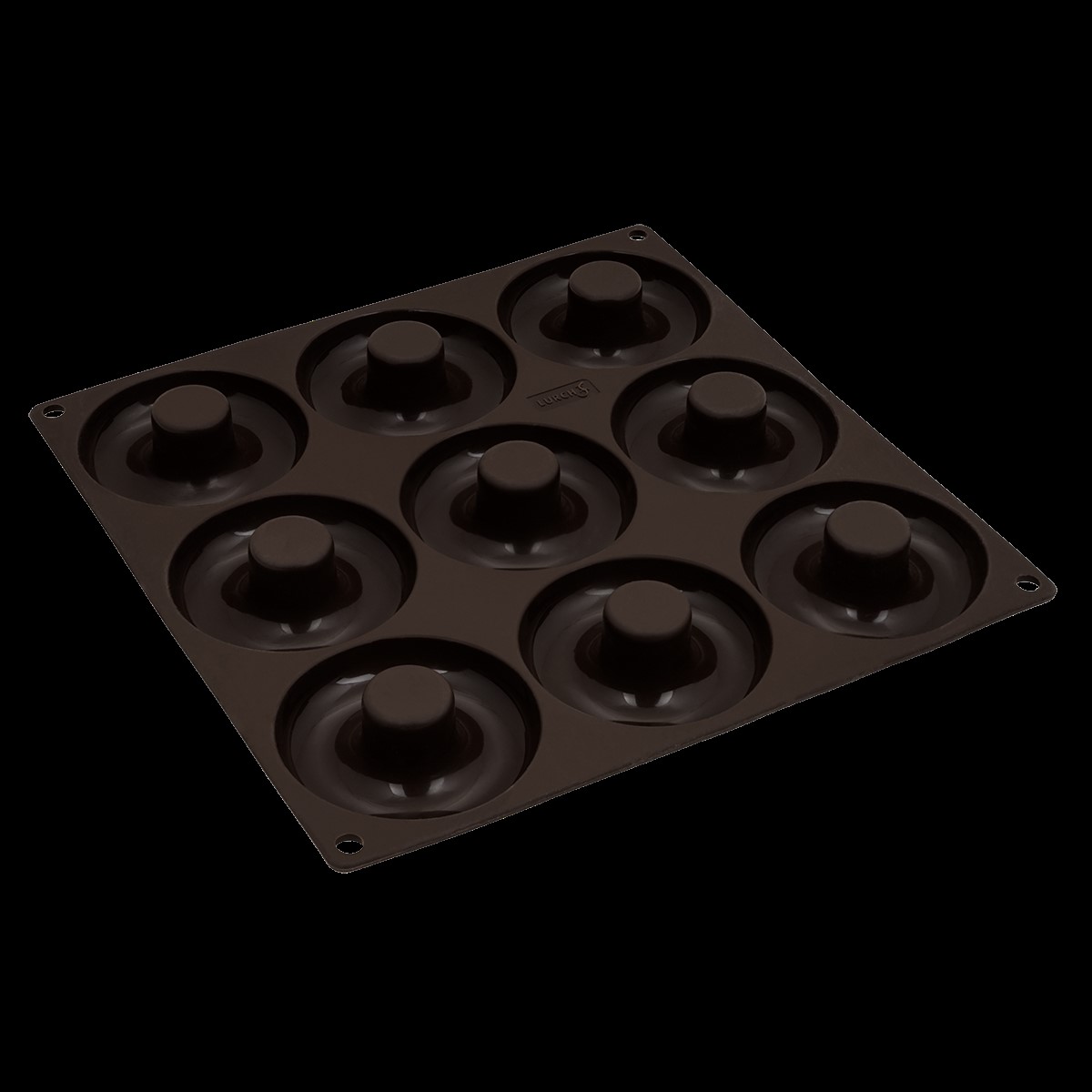 Das Bild zeigt eine braune Flexiform-Backform für Donuts mit neun Mulden. Die Form hat die Maße 26x26 cm.