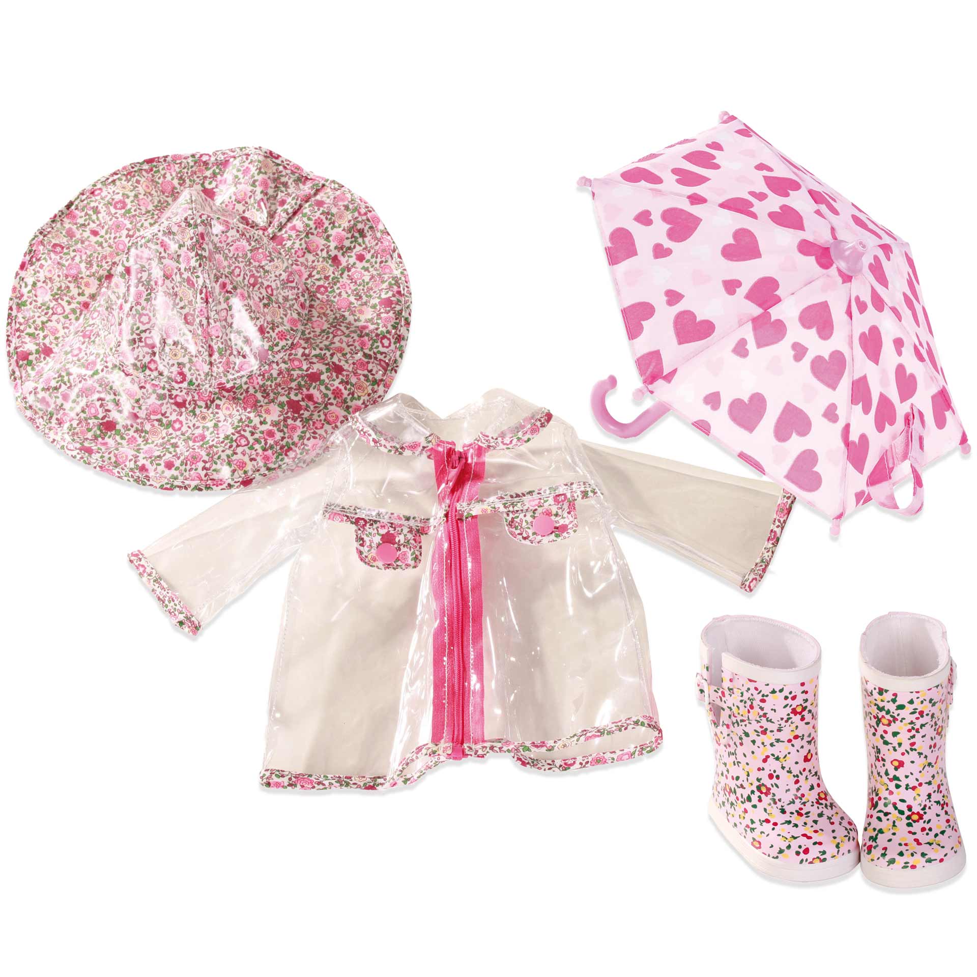 Abgebildet ist ein Regenmantel mit passendem Hut für Puppen mit 50 cm Größe. Das Outfit ist für regnerisches Wetter geeignet.