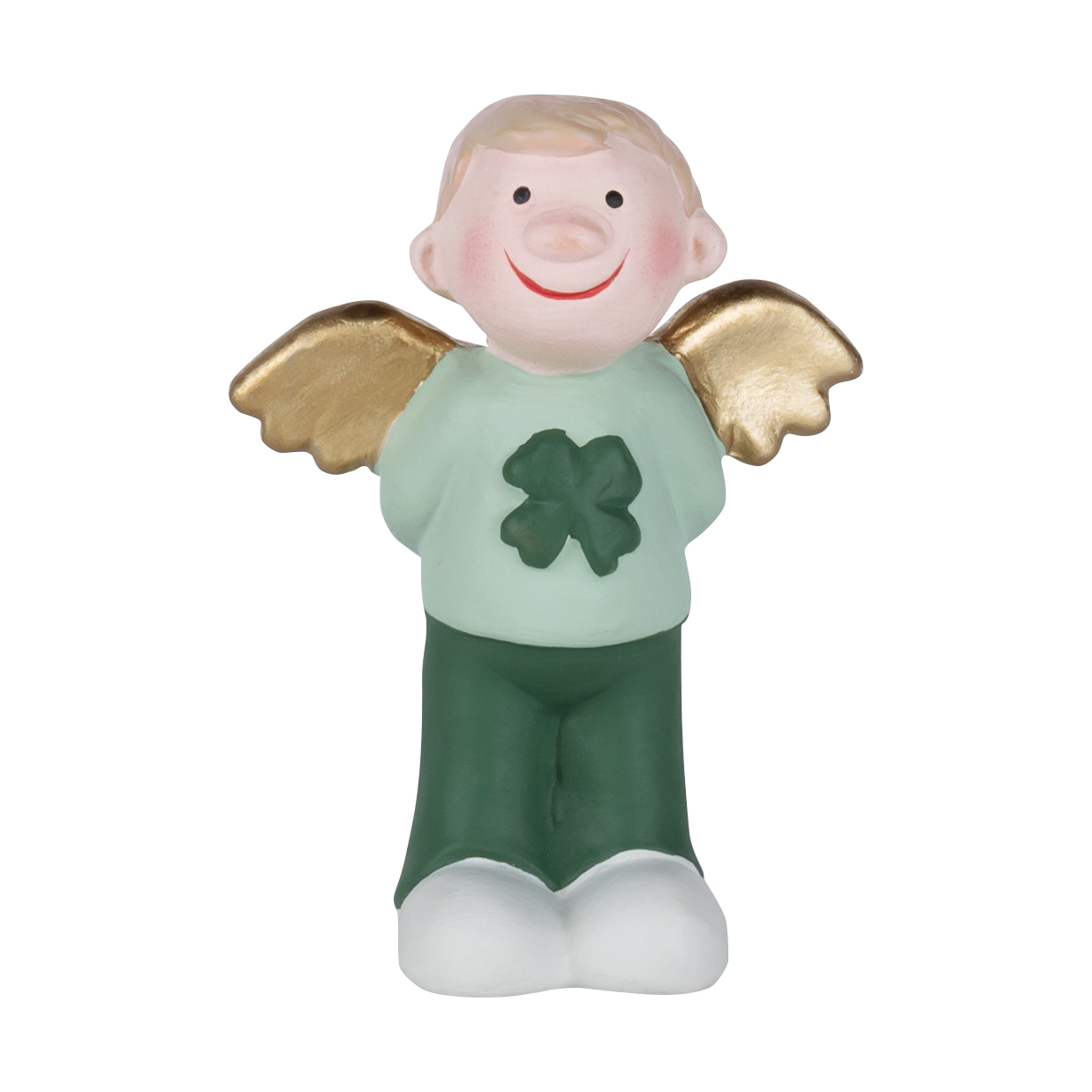 Die Figur zeigt einen lächelnden Engel mit goldenen Flügeln. Er trägt ein grünes Outfit mit einem vierblättrigen Kleeblatt auf dem Oberteil.