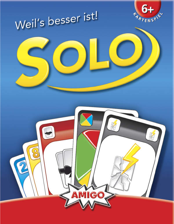 Das Bild zeigt die Verpackung des Kartenspiels "Solo" von Amigo. Auf dem Cover sind mehrere bunte Spielkarten abgebildet.