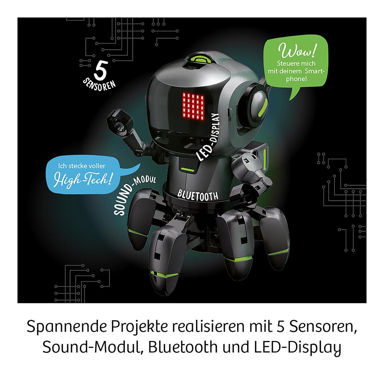Das Bild zeigt den Proxi, einen micro:bit Programmier-Roboter mit LED-Display, Sound-Modul, Bluetooth und fünf Sensoren. Er kann spannende Projekte ermöglichen und sogar mit dem Smartphone gesteuert werden.