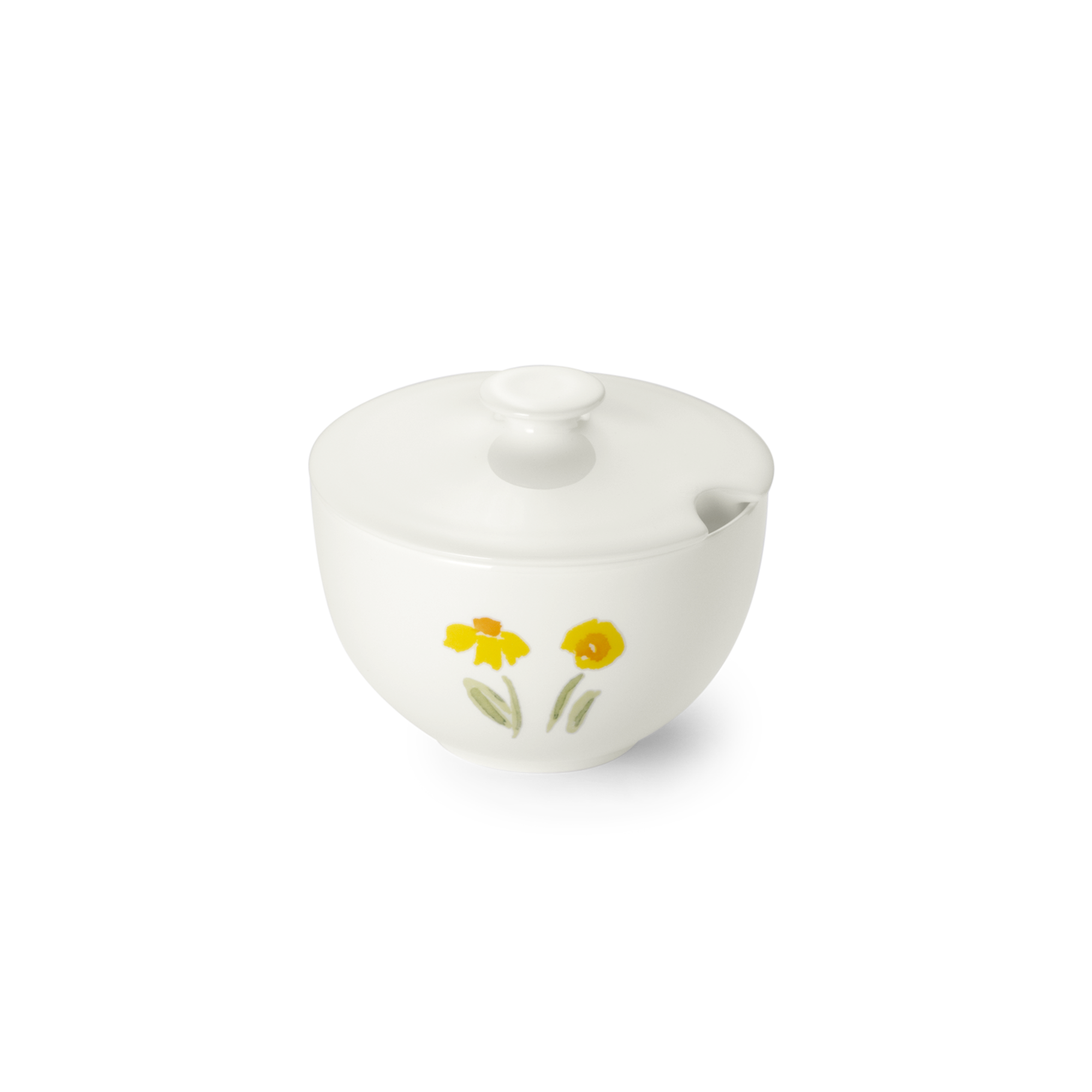 Eine Zuckerdose aus Fine Bone China mit gelbem Blumenmuster. Sie hat ein Fassungsvermögen von 0,25 Litern und ist Teil der Serie Impression Blume Gelb.