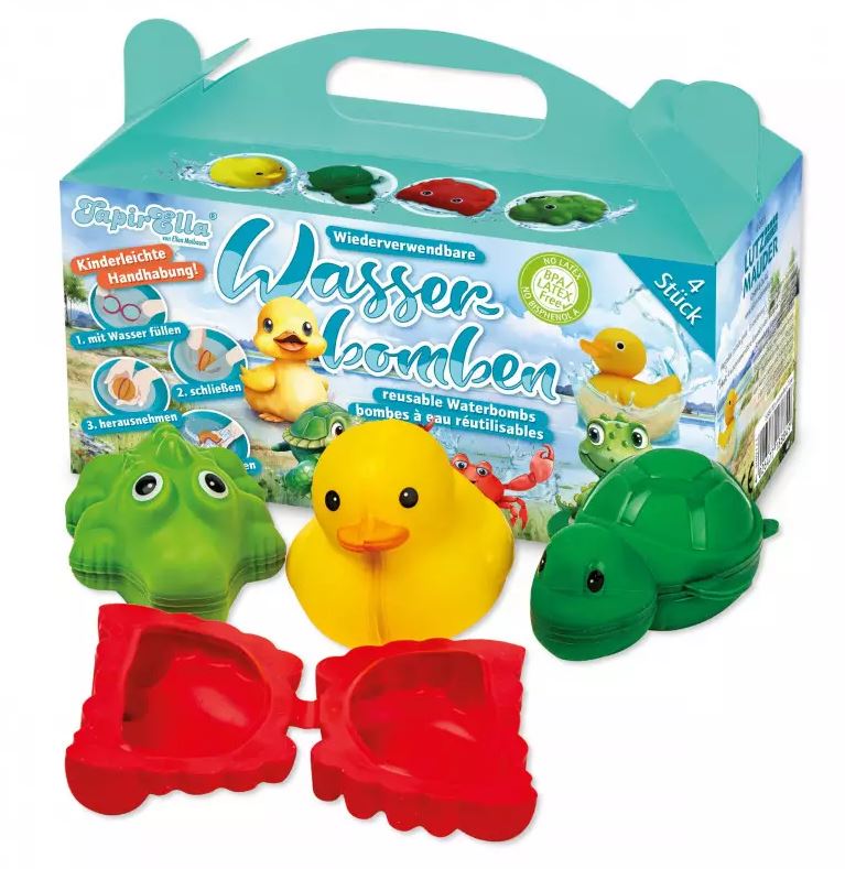 Auf dem Bild ist ein Set aus vier wiederverwendbaren Wasserbomben in Tierform zu sehen. Die Figuren sind als Frosch, Ente, Schildkröte und Krebs gestaltet.