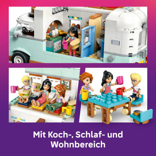 Das Bild zeigt ein LEGO Wohnmobil-Set mit Spielfiguren, die verschiedene Aktivitäten ausführen. Es gibt einen Koch-, Schlaf- und Wohnbereich im Inneren des Fahrzeugs.