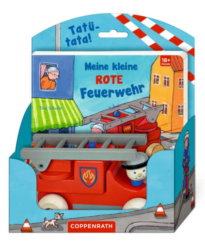 Das Bild zeigt ein Spielzeug-Feuerwehrauto aus Holz mit einem kleinen Buch im Hintergrund. Auf dem Buch steht der Titel „Meine kleine ROTE Feuerwehr“.