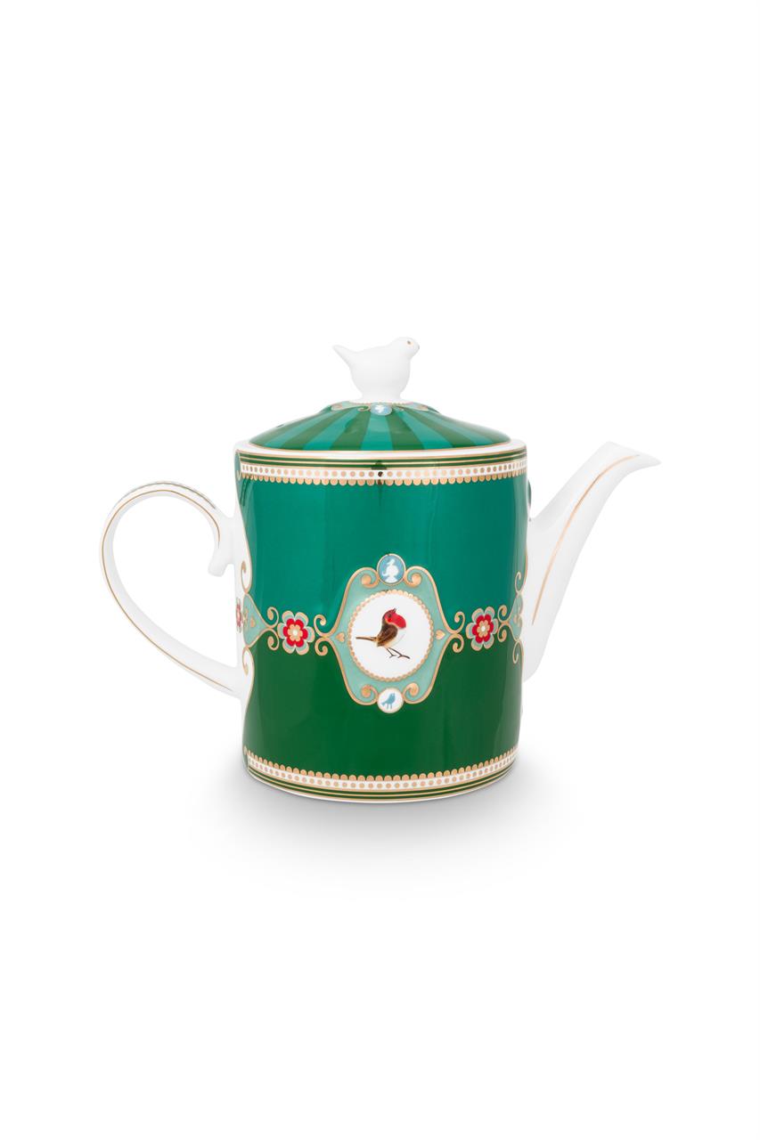 Die Teekanne „Love Birds“, Medallion, ist in einem edlen smaragdgrünen Design gestaltet. Sie fasst 1,3 Liter und ist mit einem Vogelmotiv sowie dekorativen Blumenmustern verziert.